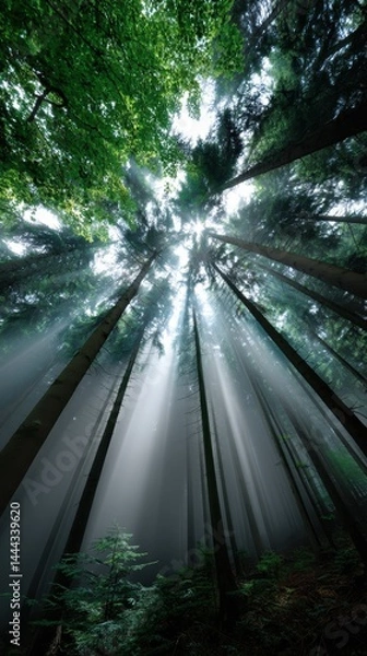 Obraz Sunlight streaming through dense forest canopy.