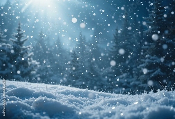 Fototapeta Winter wonderland with falling snow, glowing light rays, and a serene, frosty atmosphere.