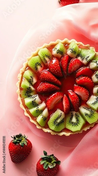 Fototapeta Tart background, fruit tart with glazed strawberries and kiwi, floating on a soft gradient backdrop, food photo, mouth-watering food