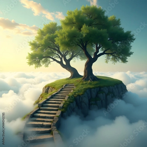 Fototapeta A tranquil stone path winds along a mossy cliff, leading to two graceful trees above the clouds.