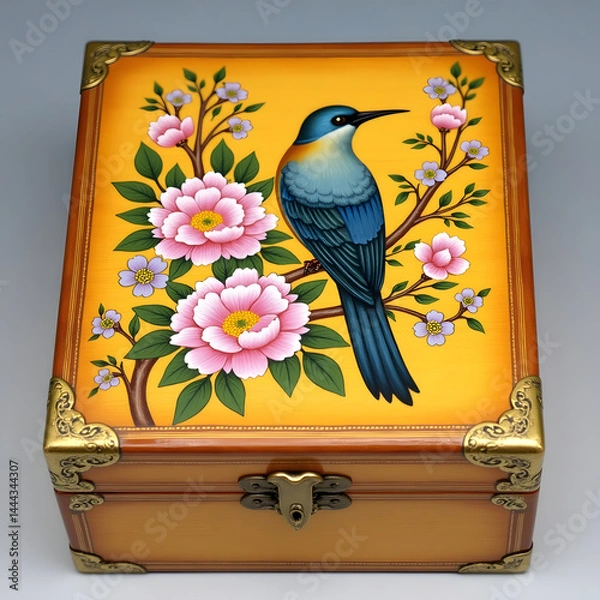 Fototapeta An intricately painted wooden box featuring a vibrant blue bird perched on a blossoming branch with pink flowers. The box is accented with ornate golden metal corners and a decorative clasp, blending 