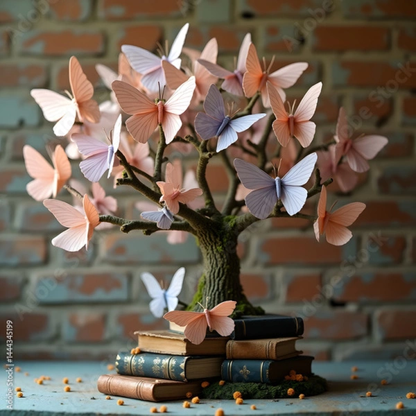 Fototapeta A small tree grows from stacked vintage books, its branches covered in pastel origami butterflies, creating a peaceful and whimsical scene.