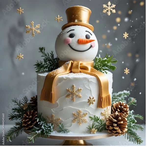 Fototapeta Elegant two-tiered winter cake adorned with gold accents and a charming snowman topper.