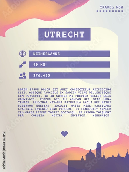 Fototapeta Utrecht, Netherlands vector infographics, brochure layout. Guide, leaflet, flyer, advertising graphic template with text, information, city skyline shape. Page, festival, cover mock up image