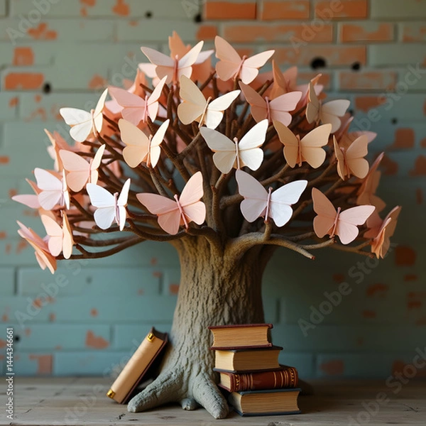 Fototapeta A small tree grows from stacked vintage books, its branches covered in pastel origami butterflies, creating a peaceful and whimsical scene.
