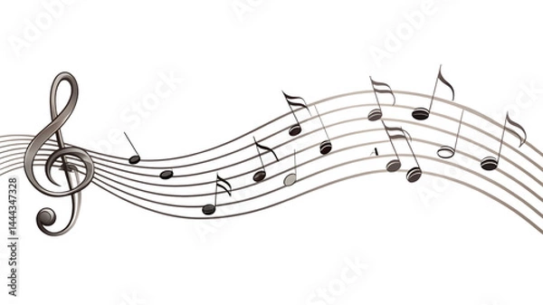 Fototapeta Music notes on wavy lines with swirl, vector illustration isolated on white background. PNG