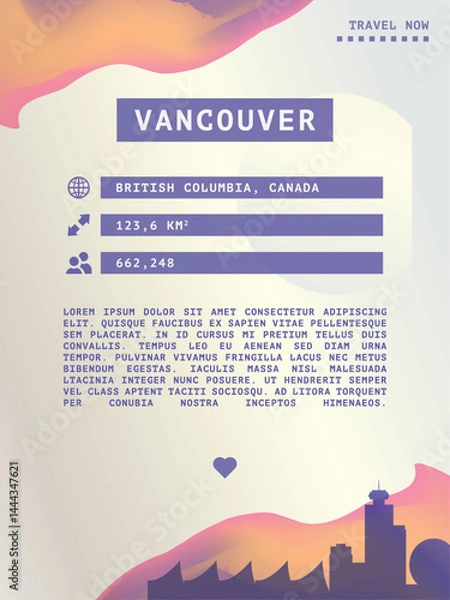 Fototapeta Vancouver, Canada vector infographics, brochure layout. Guide, leaflet, flyer, advertising graphic template with text, information, city skyline shape. Page, festival, cover mock up image