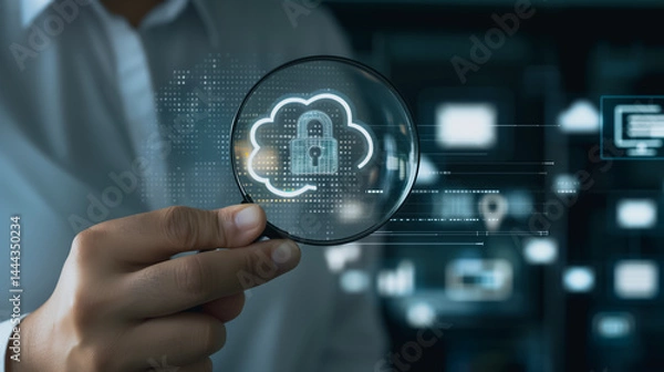 Fototapeta Cloud Security: A close-up shot captures the essence of cloud security, with a focused depiction of a lock icon on a cloud, viewed through a magnifying glass.