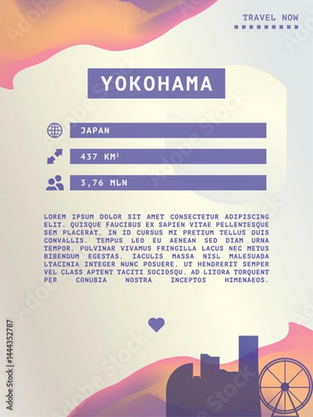 Fototapeta Yokohama, Japan vector infographics, brochure layout. Guide, leaflet, flyer, advertising graphic template with text, information, city skyline shape. Page, festival, cover mock up image
