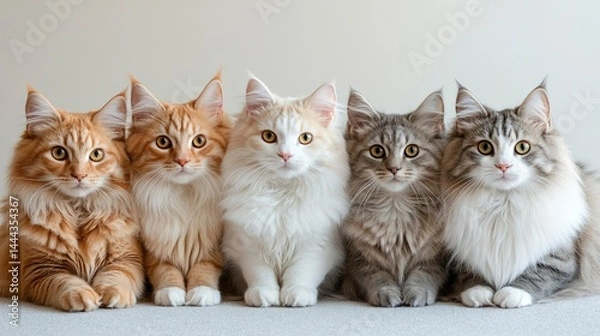 Fototapeta Four Adorable Norwegian Forest Cat Kittens Sitting in a Row