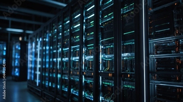 Fototapeta Data Center Infrastructure: Server Racks and Network Equipment in Dimly Lit Environment