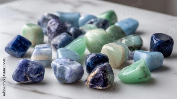Obraz Polished stones in various shades of blue, green, and white are thoughtfully arranged on a smooth white surface, creating a serene and tranquil ambiance