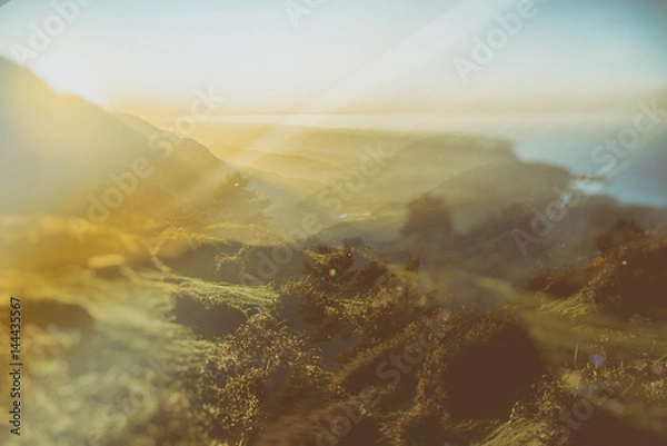 Fototapeta Abstract double exposure mountain sunset and nature concept - analog vintage look