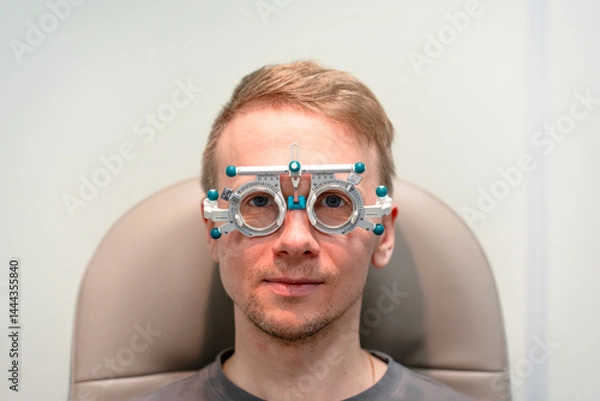 Fototapeta Men having an eye exam at ophthalmologists office, Vision check on an Autorefractometer and using special glasses