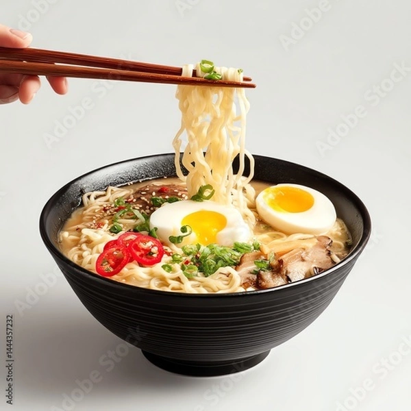 Fototapeta High-definition photo of authentic Japanese tonkotsu ramen in a black bowl, chopsticks picking noodles, clean white background. Perfect for food blogs, ads, and menus