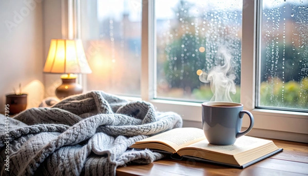Fototapeta Cozy scene with steaming coffee, open book, and blanket by rainy window, creating warm and inviting atmosphere