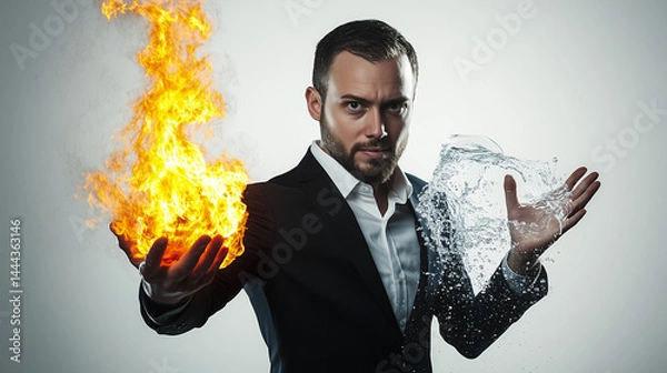 Obraz A Businessman with Fire in His Right Hand and Water in His Left Hand, Standing on a White Background. Symbolizes, Decision and Risk in Business