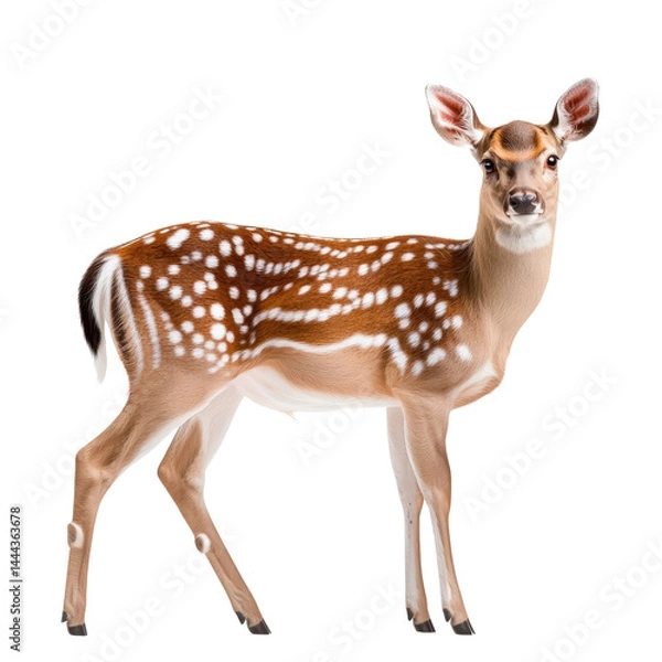 Obraz Elegant young deer with white spots standing in profile with a white background, showcasing nature and wildlife photography of a delicate and graceful mammal