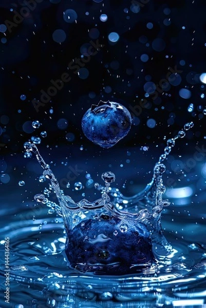 Fototapeta Ultra HD macro shot of a dark blue blueberry falling into crystal clear water, slow motion splash effect, droplets suspended in mid-air