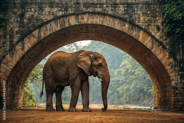 Fototapeta Majestic Elephant Standing Under Ancient Stone Arch Bridge – Misty Forest Setting, Serene Natural Atmosphere, and Architectural Grandeur for Wildlife, Travel, and Conservation Themes