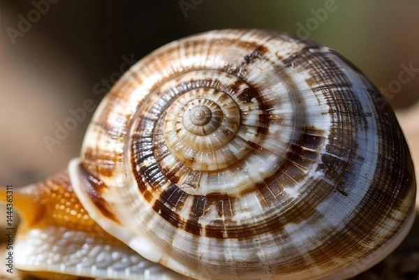 Fototapeta Macro close-up of a snail's shell, revealing its spiral pattern, texture, and natural imperfections with soft, diffused light highlighting the details.