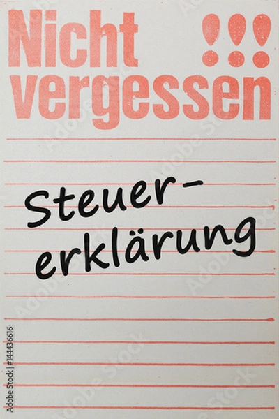Obraz Nicht vergessen, Steuererklärung, vintage memo notepad