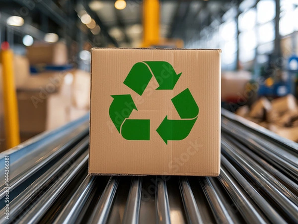 Fototapeta A Cardboard box with recycling symbol on conveyor in warehouse. Eco friendly packaging concept
