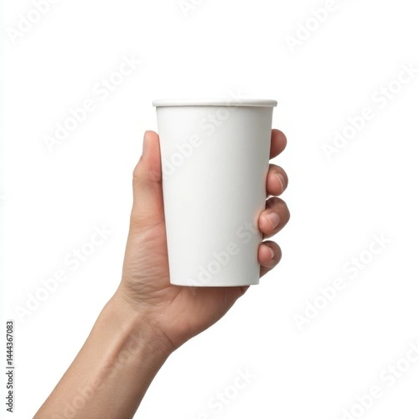 Obraz Hand holding paper cup isolated on white background