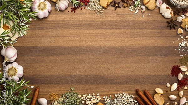 Fototapeta Culinary Spice Border: Aromatic herbs and spices form a vibrant border around a rustic wooden surface, creating a rich and inviting culinary backdrop.