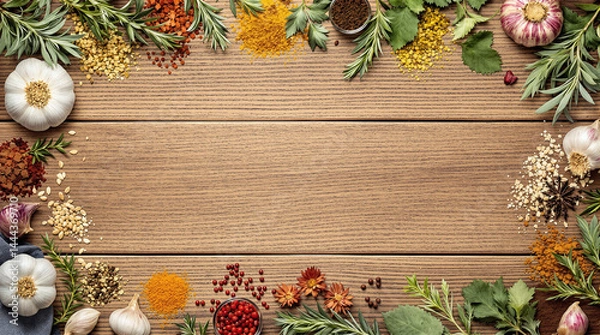 Fototapeta Culinary Composition: A vibrant collection of aromatic spices and herbs artfully arranged on a rustic wooden surface, creating a visual feast for culinary enthusiasts.