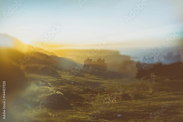 Fototapeta Abstract double exposure mountain sunset and nature concept - analog vintage look