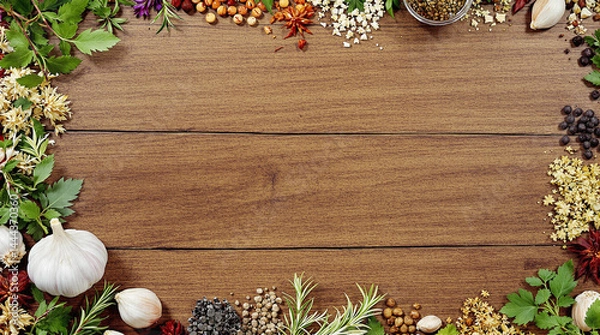Fototapeta Culinary Frame: A delightful assortment of fresh herbs and spices artfully arranged to frame a rustic wooden table, perfect for culinary presentations and food-related content.