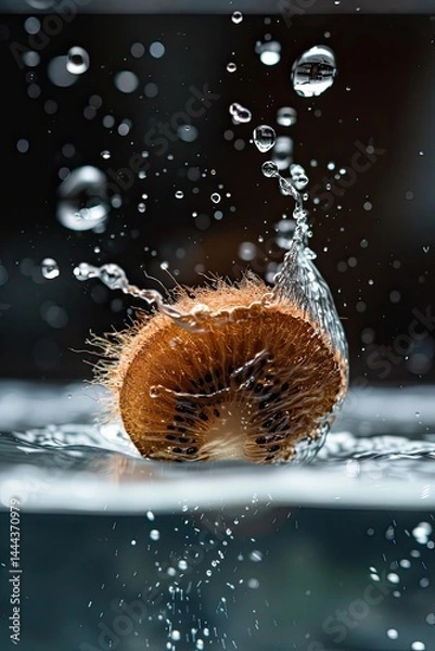 Fototapeta Ultra HD macro shot of a fuzzy brown kiwi slice falling into crystal clear water, slow motion splash effect, droplets suspended in mid-air