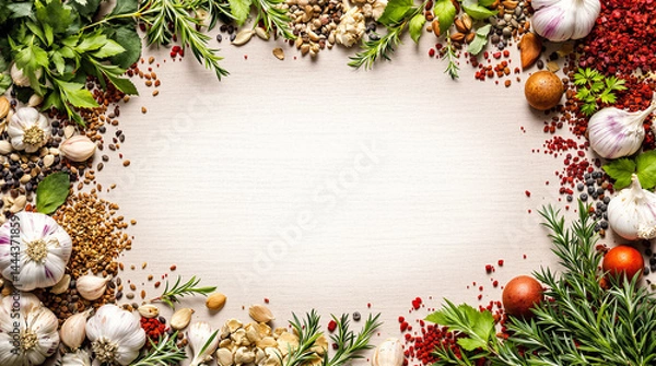 Fototapeta Culinary Delight: A vivid array of herbs and spices, artfully arranged, forms a visually captivating frame, presenting a wealth of culinary ingredients.