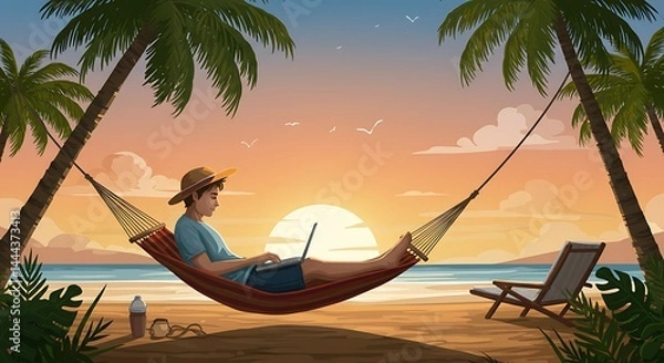 Fototapeta young man relaxing on hammock. remote work background