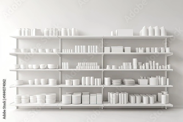 Fototapeta 3D render of shelves with white products on a light background, 2D illustration, flat lay, front view, mockup template 