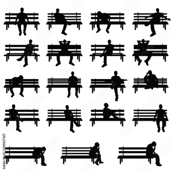 Fototapeta man silhouette sitting on bench set in black color illustration