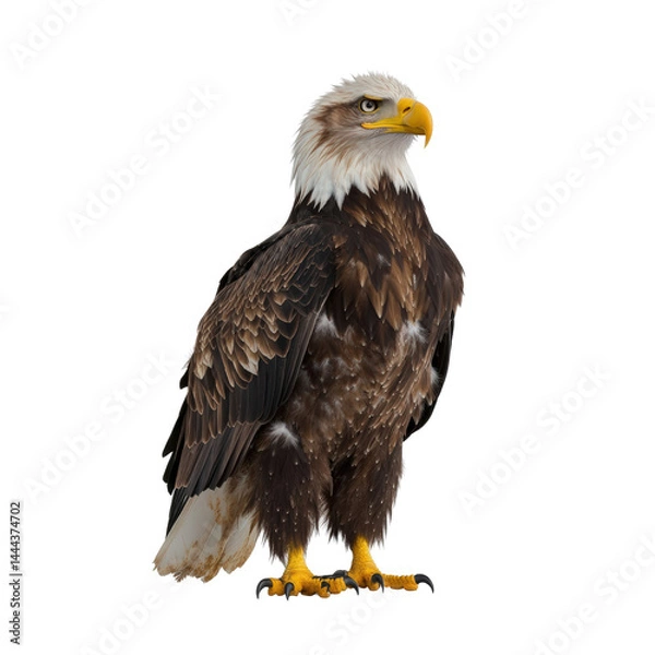 Obraz Detailed and realistic image of a majestic bald eagle standing upright showcasing its impressive wingspan, beak, fierce eyes, and powerful talons on a plain white background