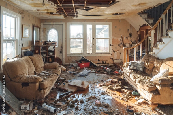 Fototapeta Vivid image captures resilience and rebuilding process after tornado strikes home, showcasing strength, reconstruction efforts, and community support in the aftermath of natural disaster  