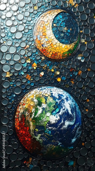 Fototapeta Mosaic art of Earth and the moon with a background full of abstract circles in shades of gray and blue