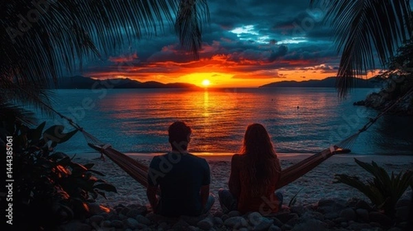 Fototapeta Loving couple sitting together on a beach watching the beautiful sunset while relaxing in a hammock between palm trees
