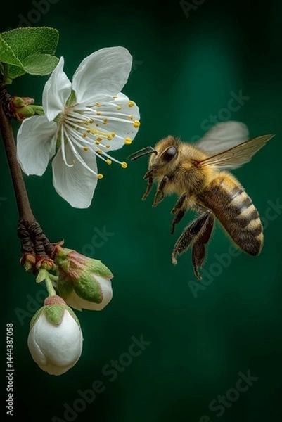Obraz Honey bee on flower against green backdrop. Insect. Bloom. Bee. Honeybee. Nature. Close-up.	
