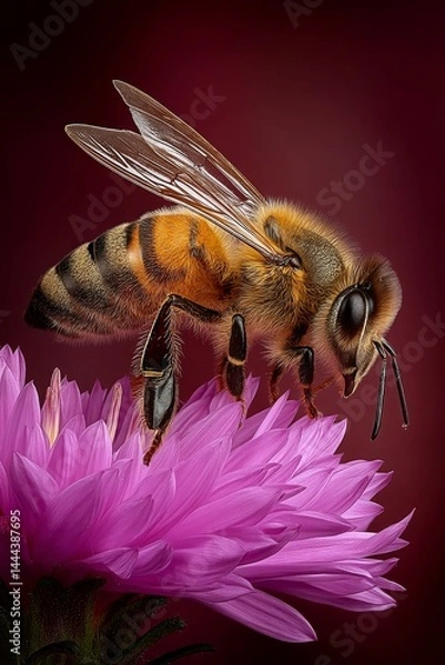 Obraz Honey bee sitting on blooming purple flower. Insect. Bloom. Bee. Honeybee. Nature. Close-up.	
