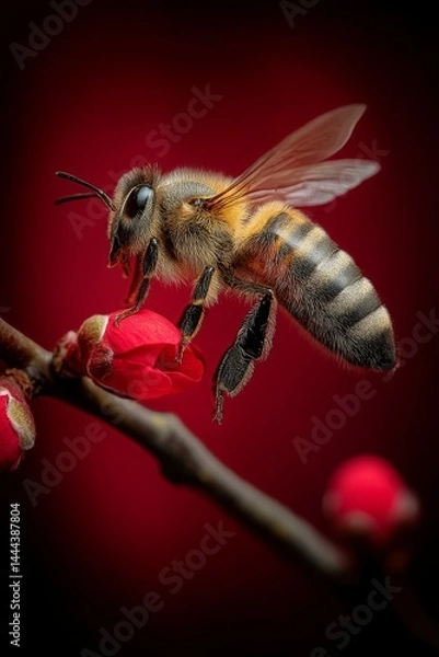 Obraz Honey bee close-up. Hovering on blooming flower. Insect. Bloom. Bee. Honeybee. Nature. Close-up.	
