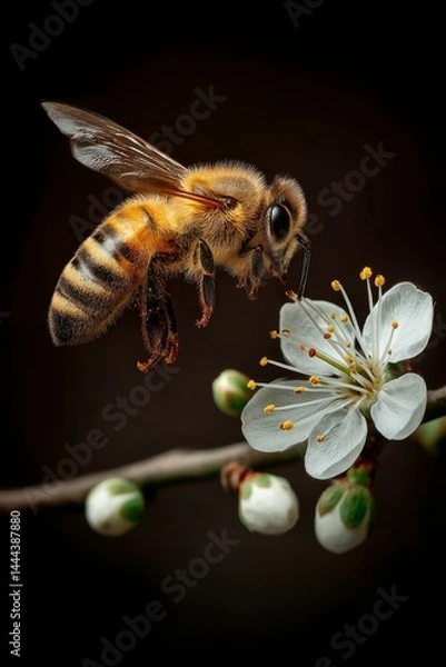 Obraz Honey bee hovering on blooming flower. Insect. Bloom. Bee. Honeybee. Nature. Close-up.	
