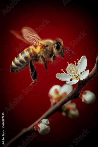 Obraz Honey bee hovering on blooming flower. Insect. Bloom. Bee. Honeybee. Nature. Close-up.	
