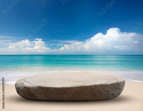 Obraz Blank rock podium stand on a tropical beach. Empty stone display platform on a white sand beach with clear blue sky. Minimalist coastal scene for mockups, product display, and relaxing themes.
