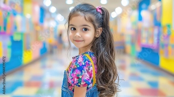 Fototapeta Little girl joyfully walking through colorful hallway being celebrated by classmates on last day of school