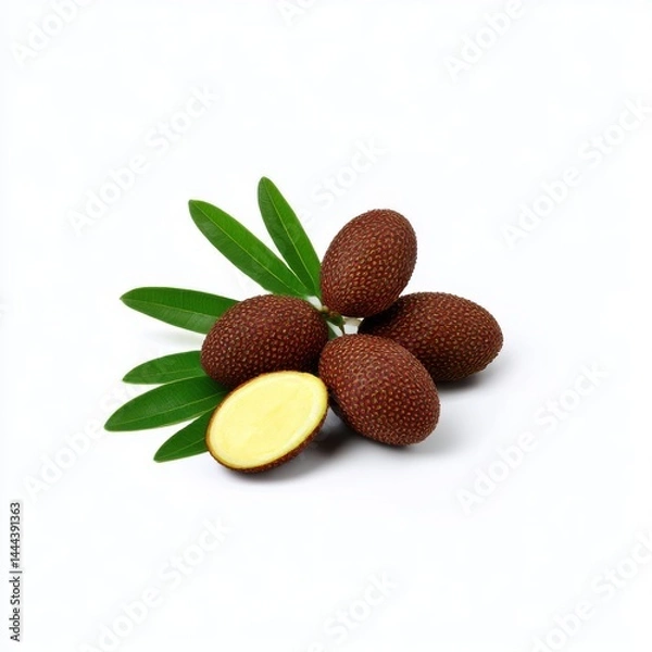 Fototapeta Lychees with leaves isolated on white background