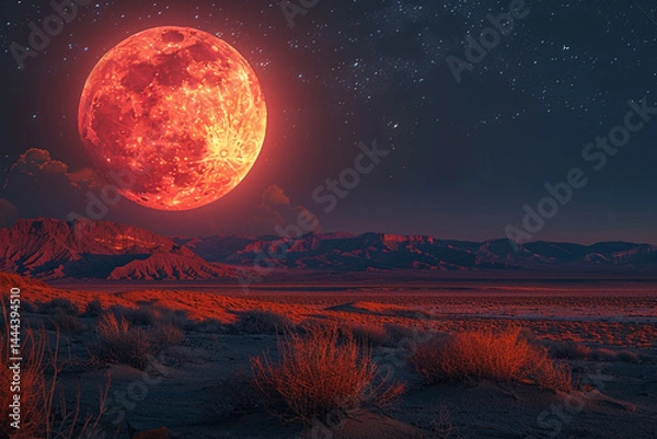 Fototapeta Witness the stunning beauty of a vibrant red moon shining brightly in the sky, illuminating the desolate landscape with its dazzling light, creating a mesmerizing display of warmth and color in the va